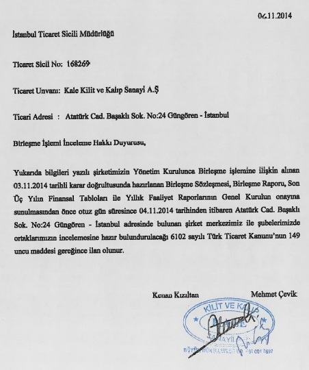 BİRLEŞME İŞLEMİ İNCELEME HAKKI DUYURUSU